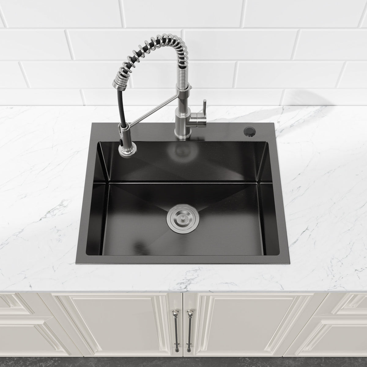 Stainless Steel Kitchen Sink, 23″x19″ Single Bowl, Undermount Handmade Sink in Black, with US Standard Drain and Hook, LS-SSBL02