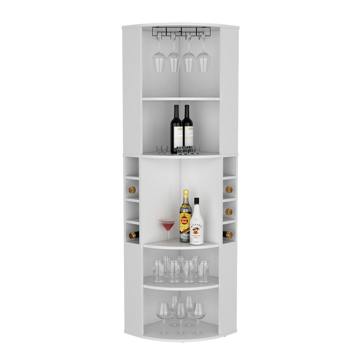 71' Corner Bar Cabinet with Five Shelves, Eight Bottle Cubbies and Stemware,White