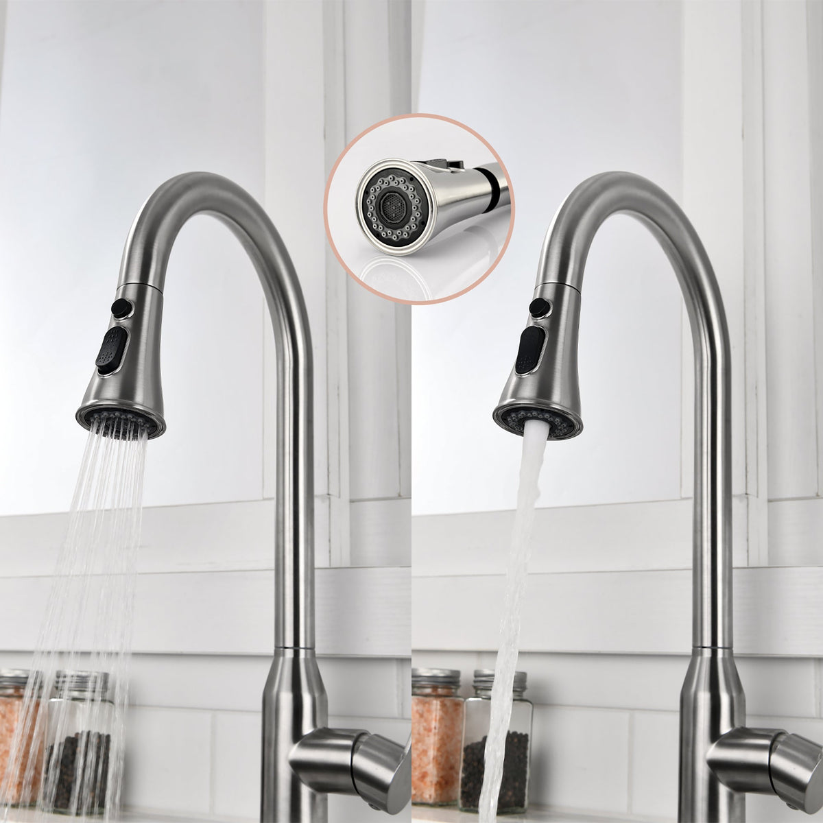 Stainless Steel High Arc Kitchen Faucet with Pull Down Sprayer in Brushed Nickel Finish