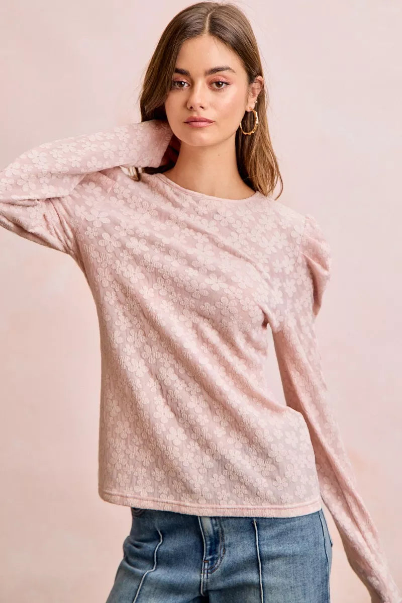 BiBi Textured Flower Knit Puff Shoulder Top