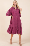 Mineral Wash Cotton Gauze Ruffle Midi Shirt Dress For Women – Casual and Feminine Button-Down Dress with Ruffle Details