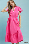 Umgee Contrast Trim Midi Dress with Tiered Ruffle Hem