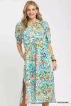 Umgee Folk Print Midi Dress with Side Pockets