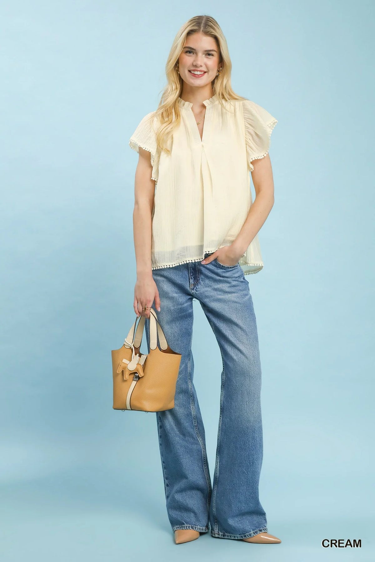 Umgee Flutter Sleeve Relaxed Top with Trim Detail