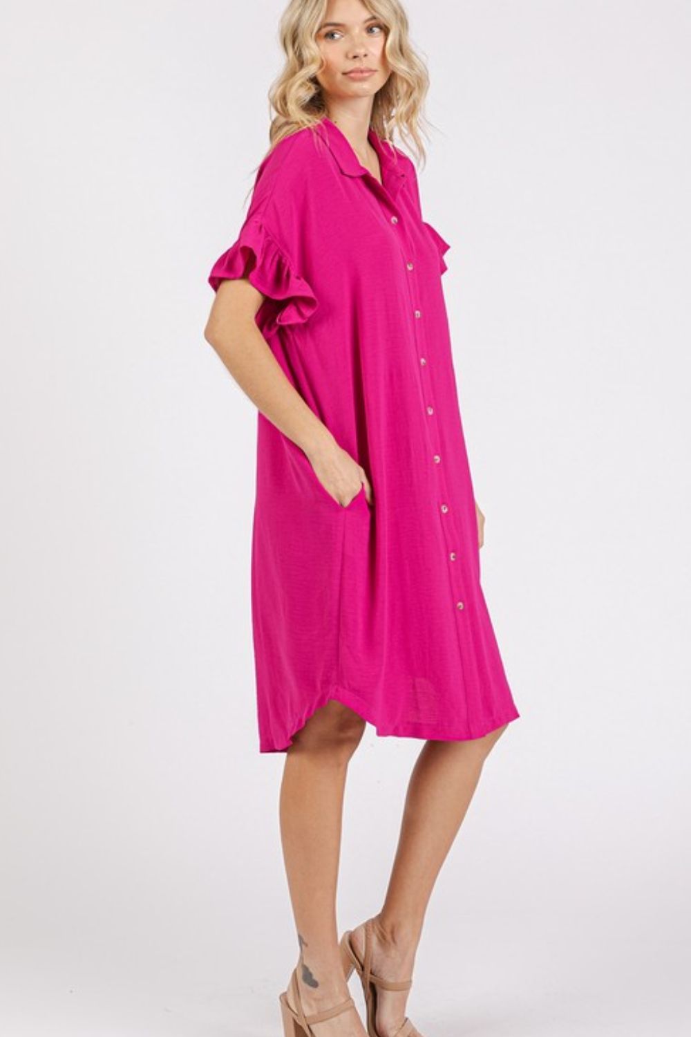 New Button Down Flounce Sleeve Dress with Pockets For Women – Trendy, Casual, Feminine, Practical & Stylish Design For Any Occasion