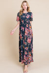 Floral Short Sleeve Maxi Dress – Elegant Maxi Dress, Floral Short Sleeve Dress, Shirred Maxi Dress, Flowing Silhouette Dress, Comfortable Summer Dress, Flattering Dress for Various Occasions, Versatile Maxi Dress