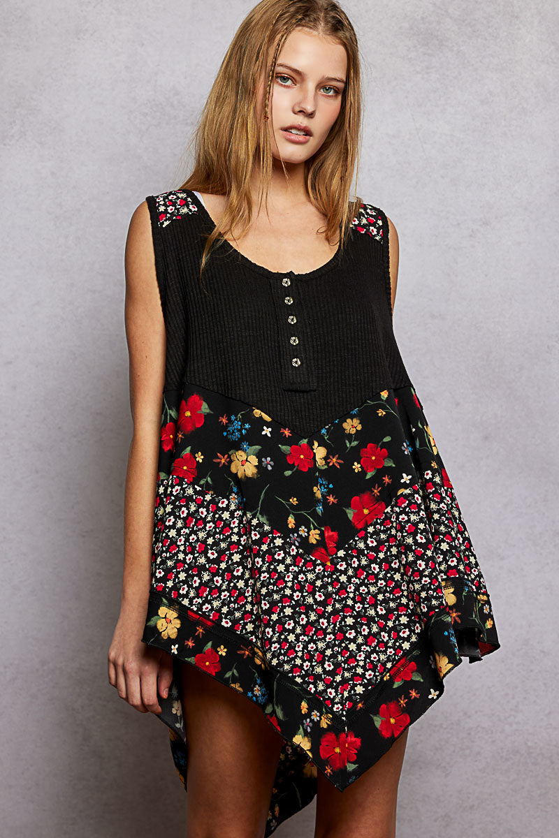 POL Round Neck Ribbed Tank with Woven Print Patch