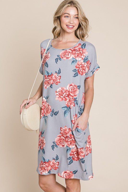Floral Round Neck Short Tee Dress with Pockets For Women – Comfortable, Casual & Functional for Everyday Wear