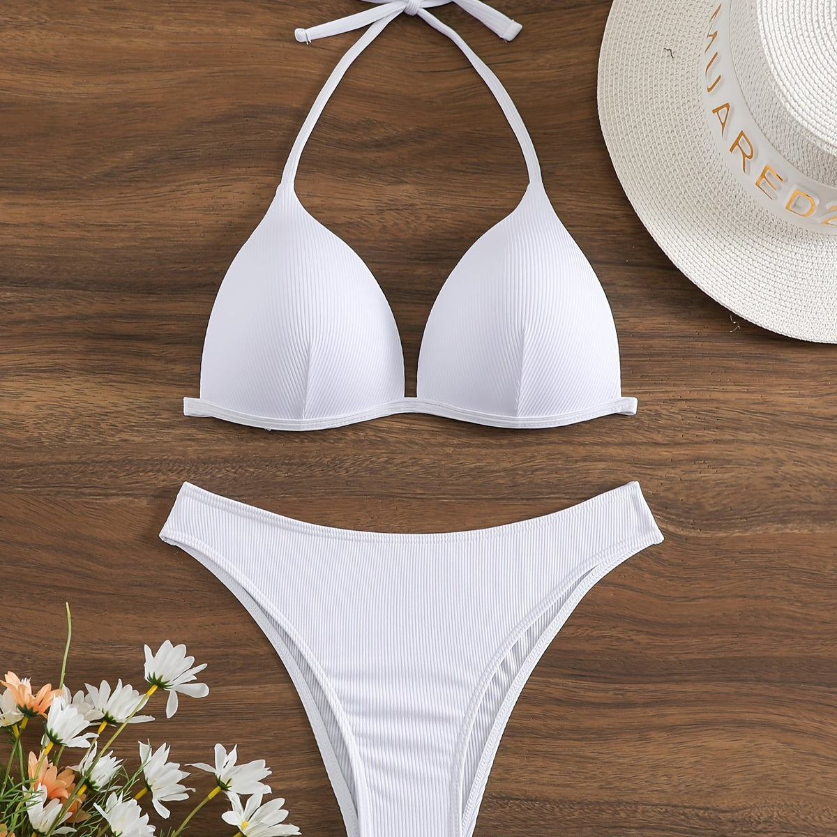 Bikini Rib Knit Solid Color Triangle 2 Piece Swimsuit for Women – Adjustable Tie Back Halter Bikini Set with Spaghetti Straps – High Stretch Polyester Swimwear for Summer Beachwear Poolside Relaxation and Tropical Vacation