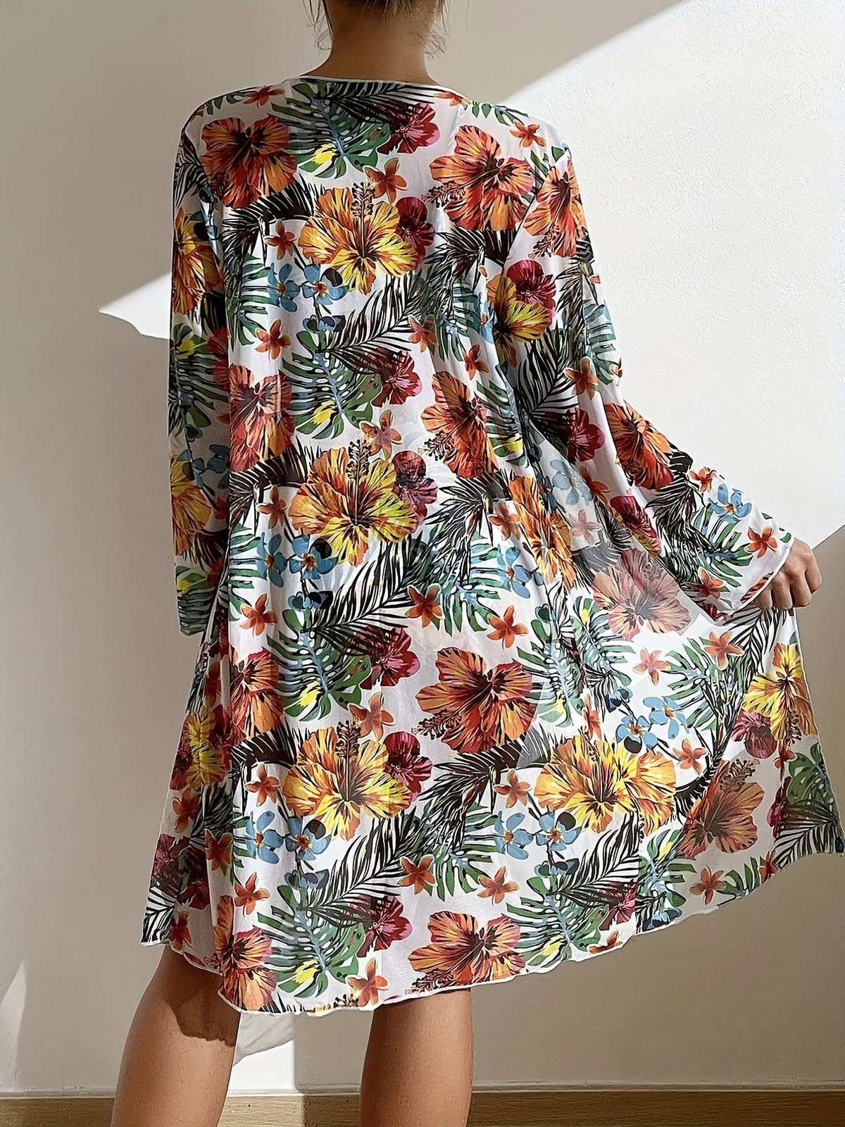 New Tropical Bloom 3-Piece Swimsuit Set – High Waist Floral Fluttering Bikini with Crew Neck Top Spaghetti Straps and Matching Long Sleeve Cover-Up – Stylish Stretchy Women’s Swimwear for Beach & Summer Escapes