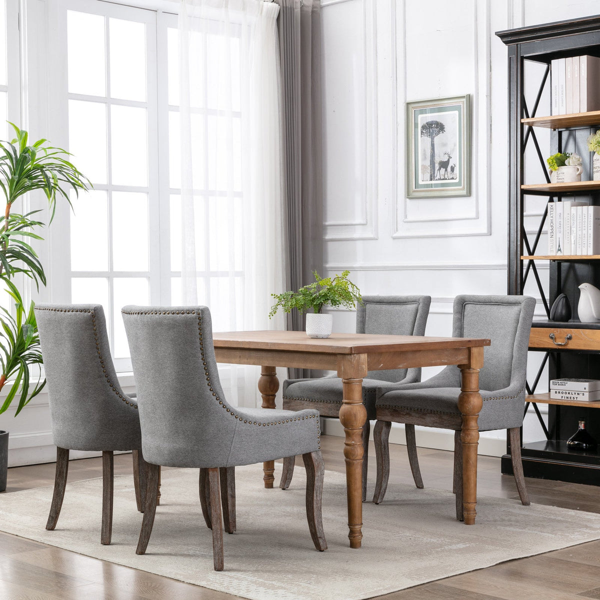 A&A Furniture Ultra Side Dining Chair with Thickened Fabric and Solid Wood Legs, Bronze Nail Head, Set of 2, Gray