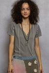 POL V-Neck Short Sleeve Top with Stitch Seam Detail