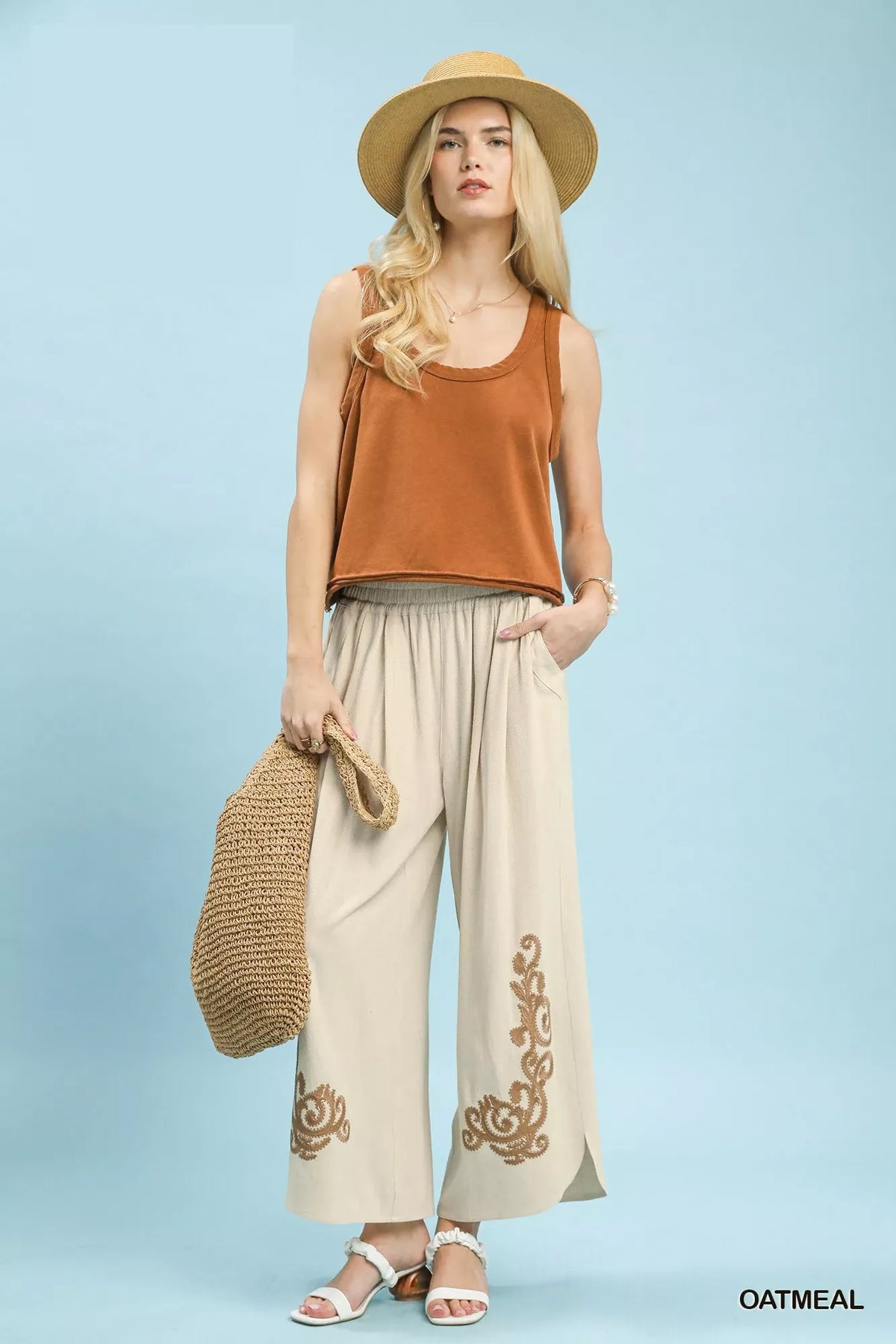Umgee Linen Embroidered Wide-Leg Boho Pants