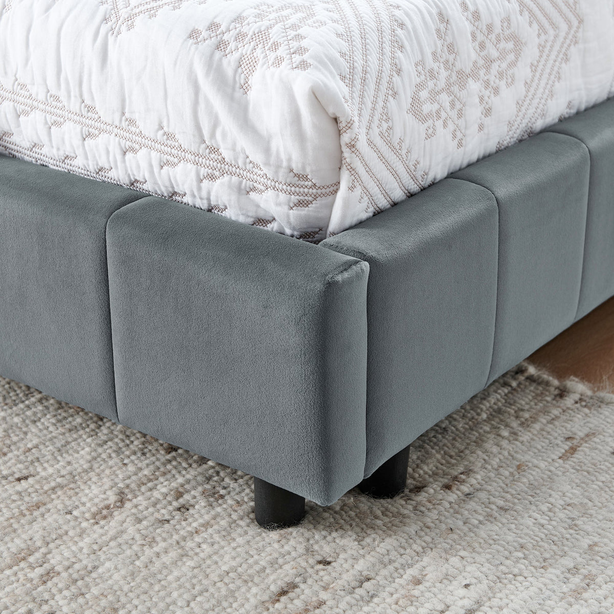 Velvet Grey Full Size Upholstered Tufted Bed Frame with Backrest and Armrests, 80.5''*59''*30.5''