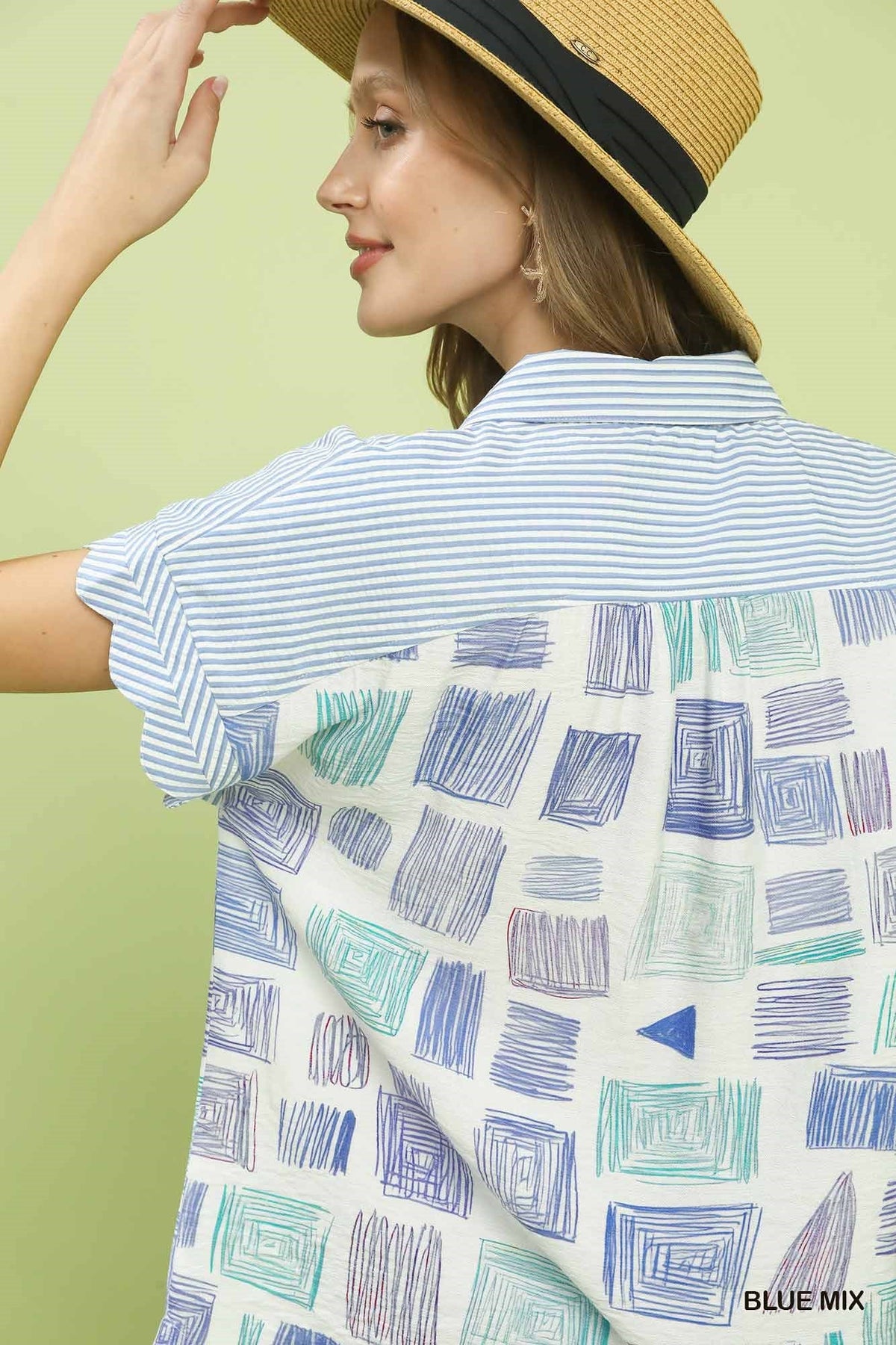 Mixed Media Print Button Front Collared Top