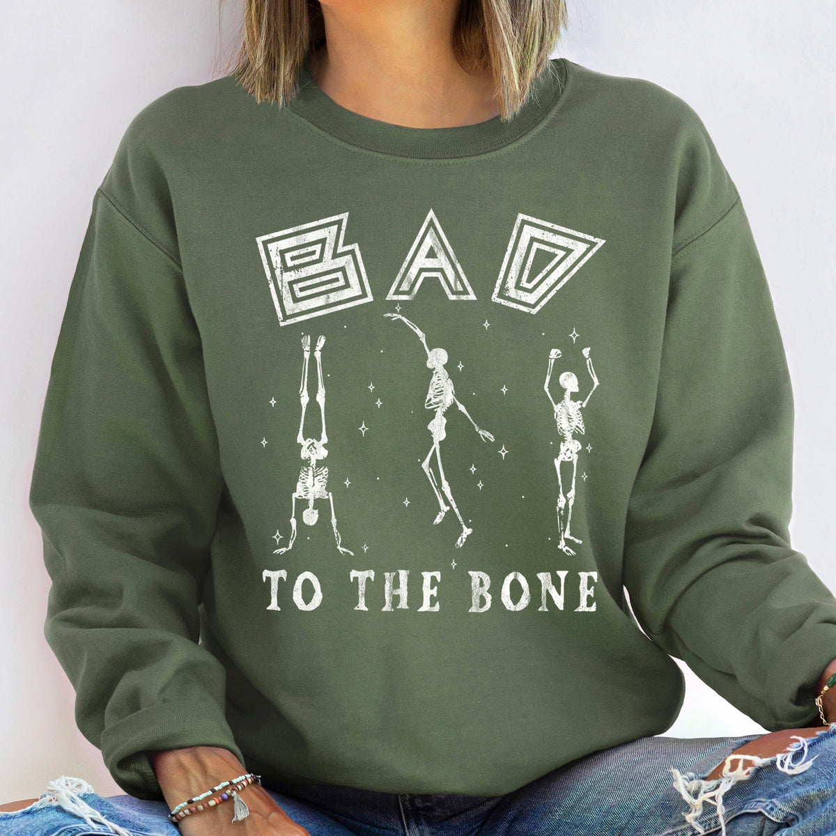 Bad To The Bone Vintage Halloween Spooky Retro Gothic Nostalgic Cozy Plush Fleece Graphic Sweatshirt
