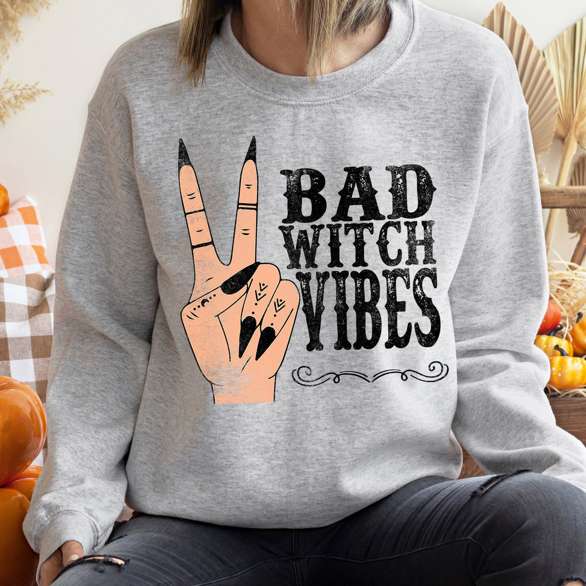 Bad Witch Vibes Halloween Seasonal Mystic Moonlit Festive Spirits Dark Magic Inspired Sweatshirt