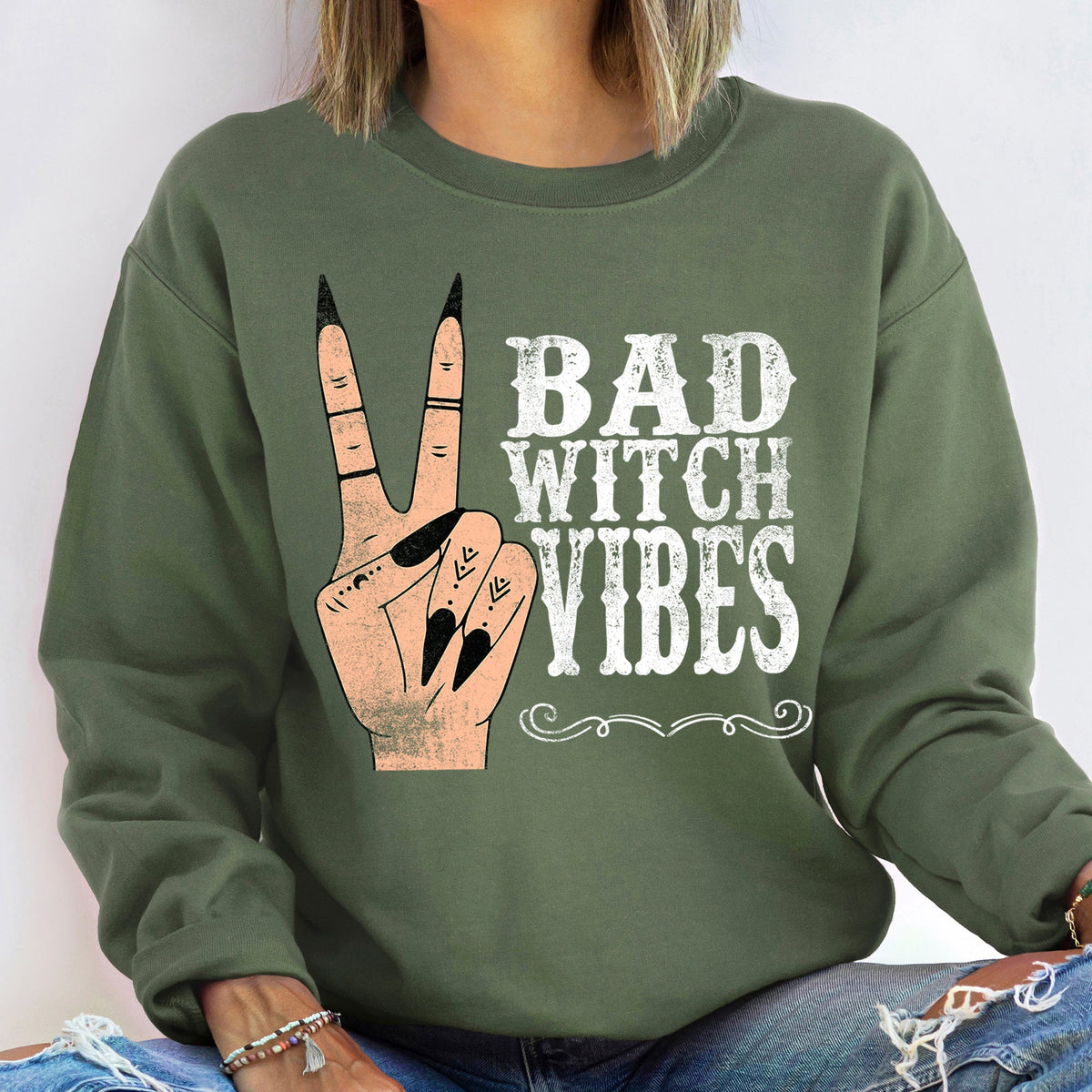Bad Witch Vibes Vintage Halloween Moonlit Spooky Season Cozy Premium Edition Sweatshirt