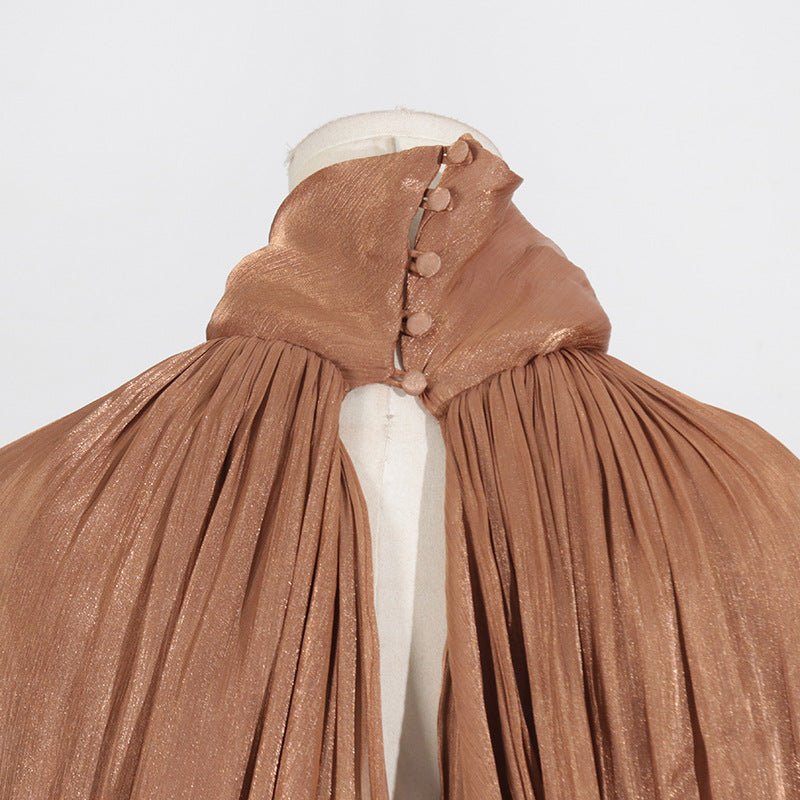 Balloon Sleeve Tie-Neck Maxi Dress(MS303)