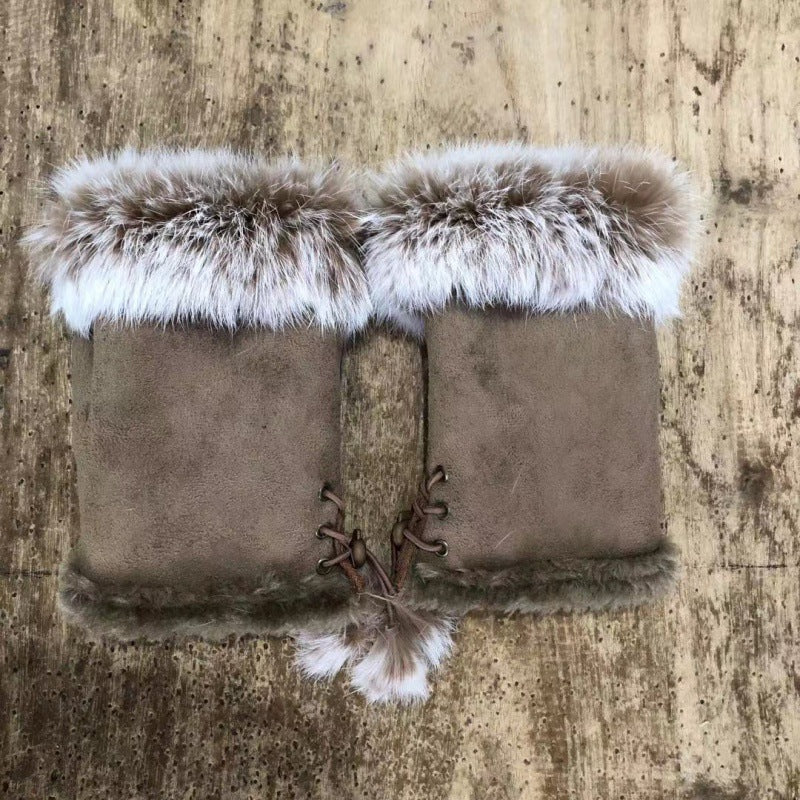Suede Rabbit Hair Half Finger Gloves