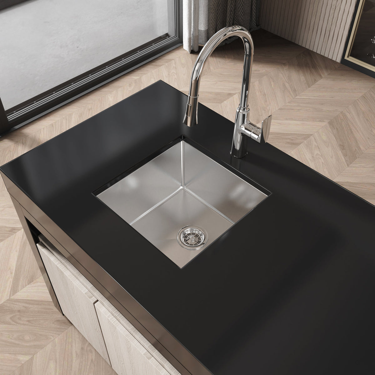 Stainless Steel Kitchen Sink, 18″x18″ Single Bowl, Undermount HandmadeSink in Brushed Nickel, with US Standard Drain and Hook, LS-SSBR07
