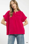 Umgee Textured Gauze Split-Neck Boho Blouse