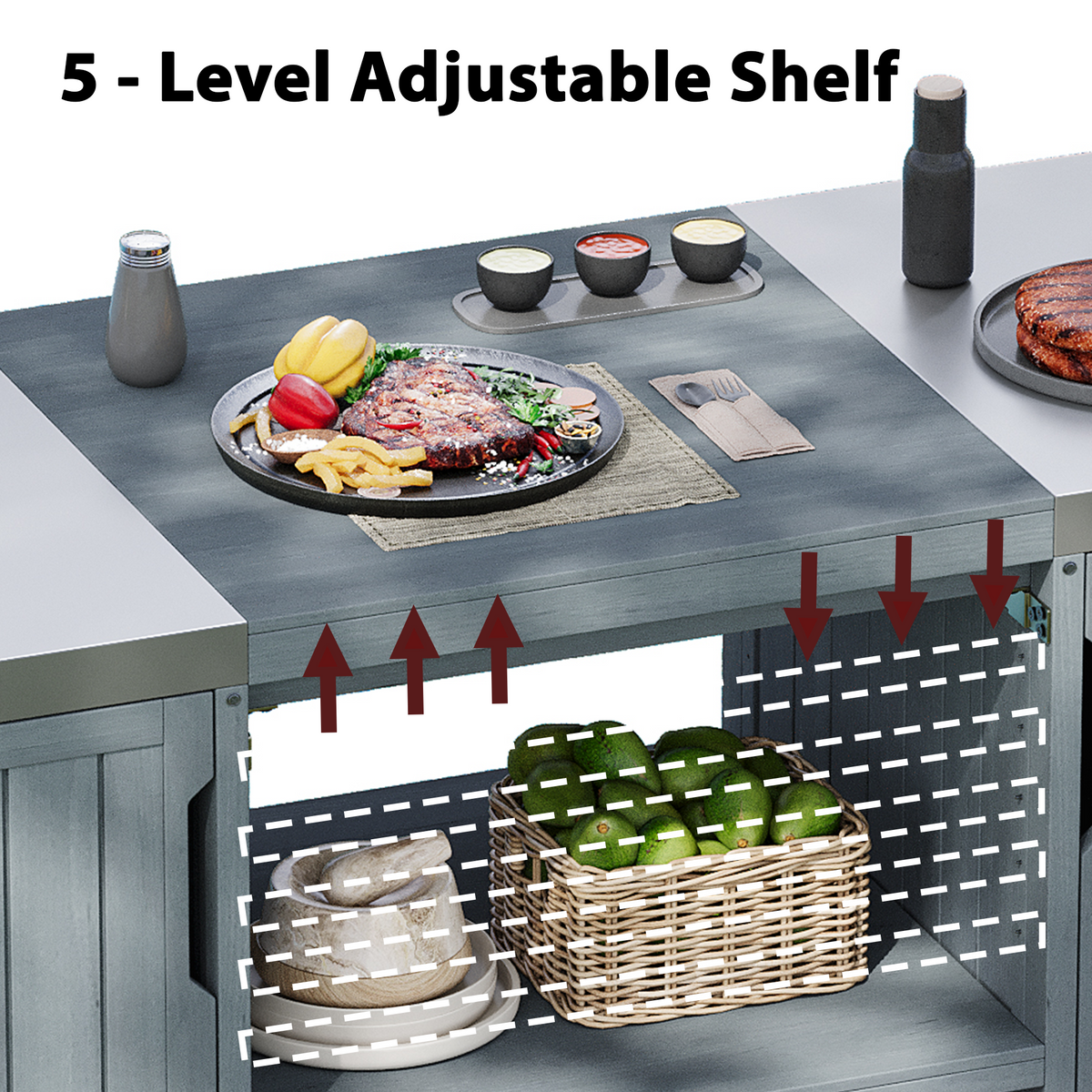 K&K 66.5' Outdoor Kitchen Island for Big Green Egg Grills, Solid Wood Outdoor Grill Cart for Tabletop Grill with Stainless Steel Top, Drawer, Compatible with Large Big Green Egg, Kamado Joe- Grey Blue