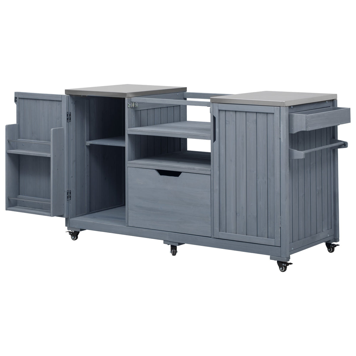 K&K 66.5' Outdoor Kitchen Island for Big Green Egg Grills, Solid Wood Outdoor Grill Cart for Tabletop Grill with Stainless Steel Top, Drawer, Compatible with Large Big Green Egg, Kamado Joe- Grey Blue
