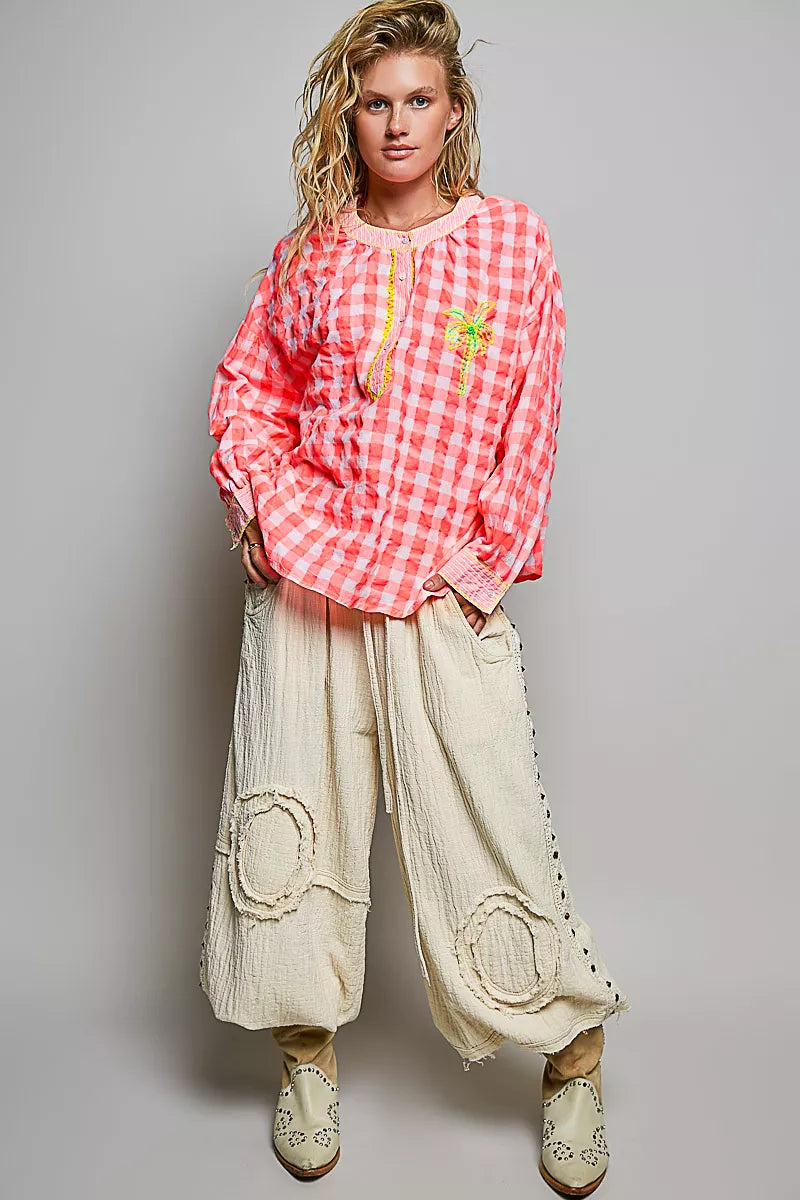 POL Gingham Embroidered Palm Tree Blouse