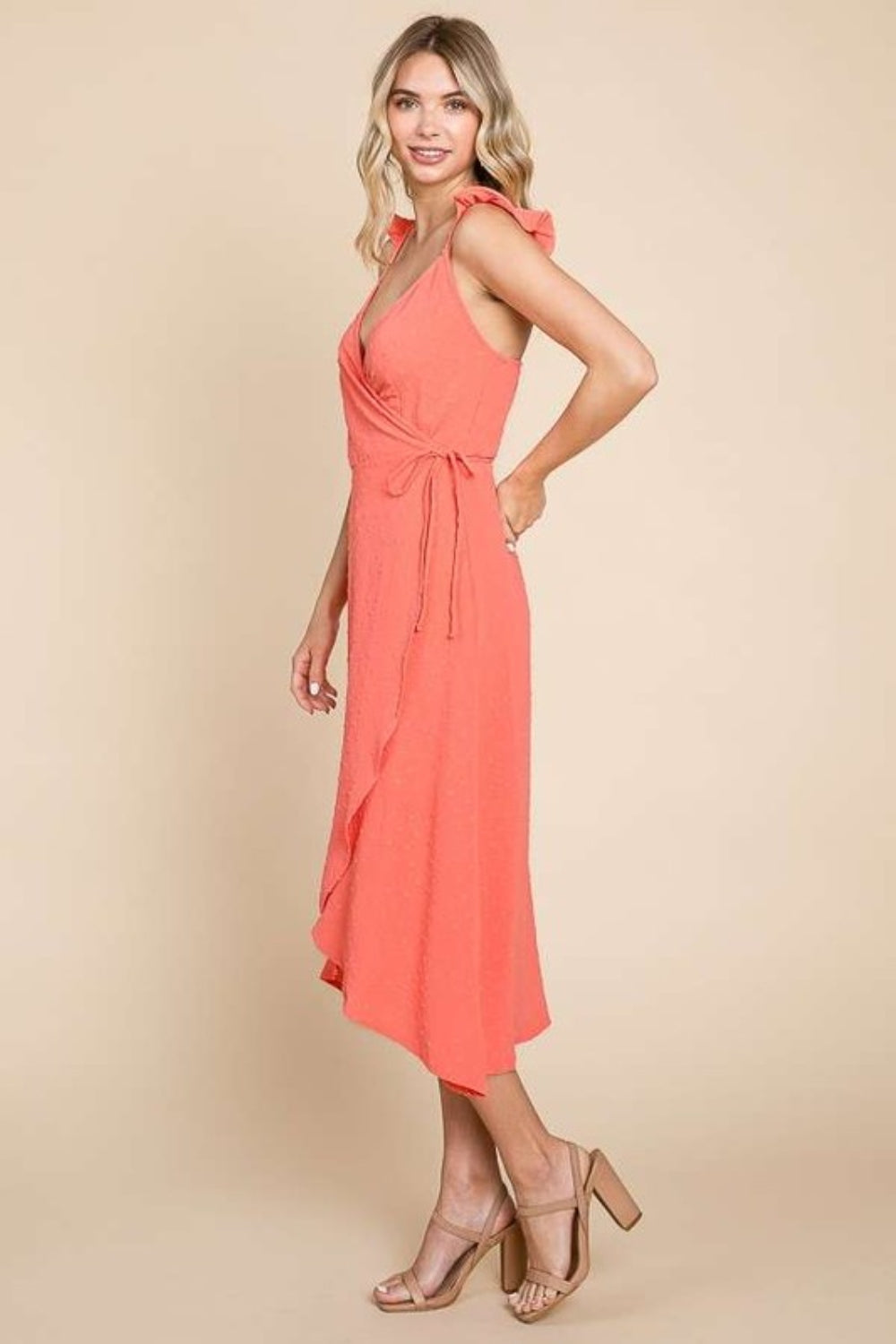 Ruffle Detail Surplice Wrap Slip Dress For Women – Elegant Ruffle Wrap Dress, Feminine Surplice Dress, Chic Wrap Dress, Romantic Ruffle Detail Dress, Effortless Evening Dress, Flattering Slip Dress