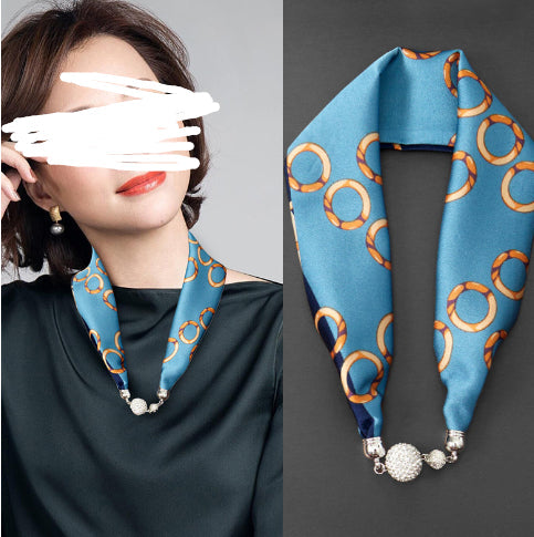 Magnetic Buckle Silk Women Scarf Pearl Necklace (See size chart where applicable)