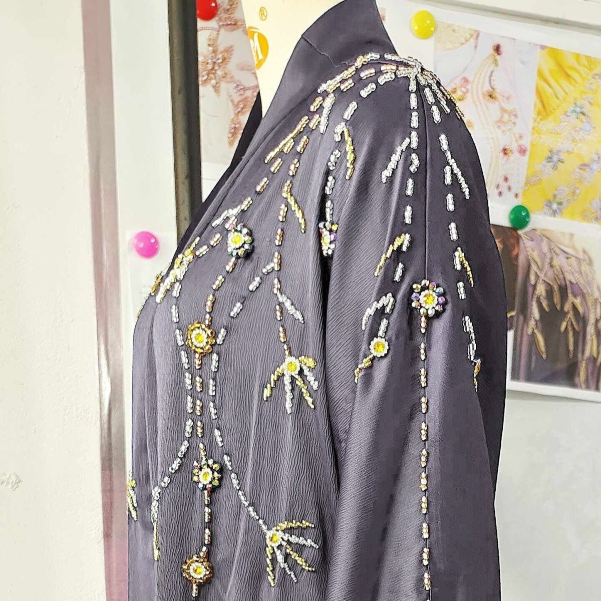 Beaded Floral Vine Abaya | Open-Front Embellished Cardigan (MOA268)