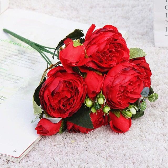 Beautiful Rose Peony Artificial Silk Eucalyptus Fake Flowers Small bouquet Flores Home Party Spring Wedding Decoration Artificial Silk Rose Flower Bouquet Lifelike Fake Rose for Wedding Home Party Decoration Event Gift