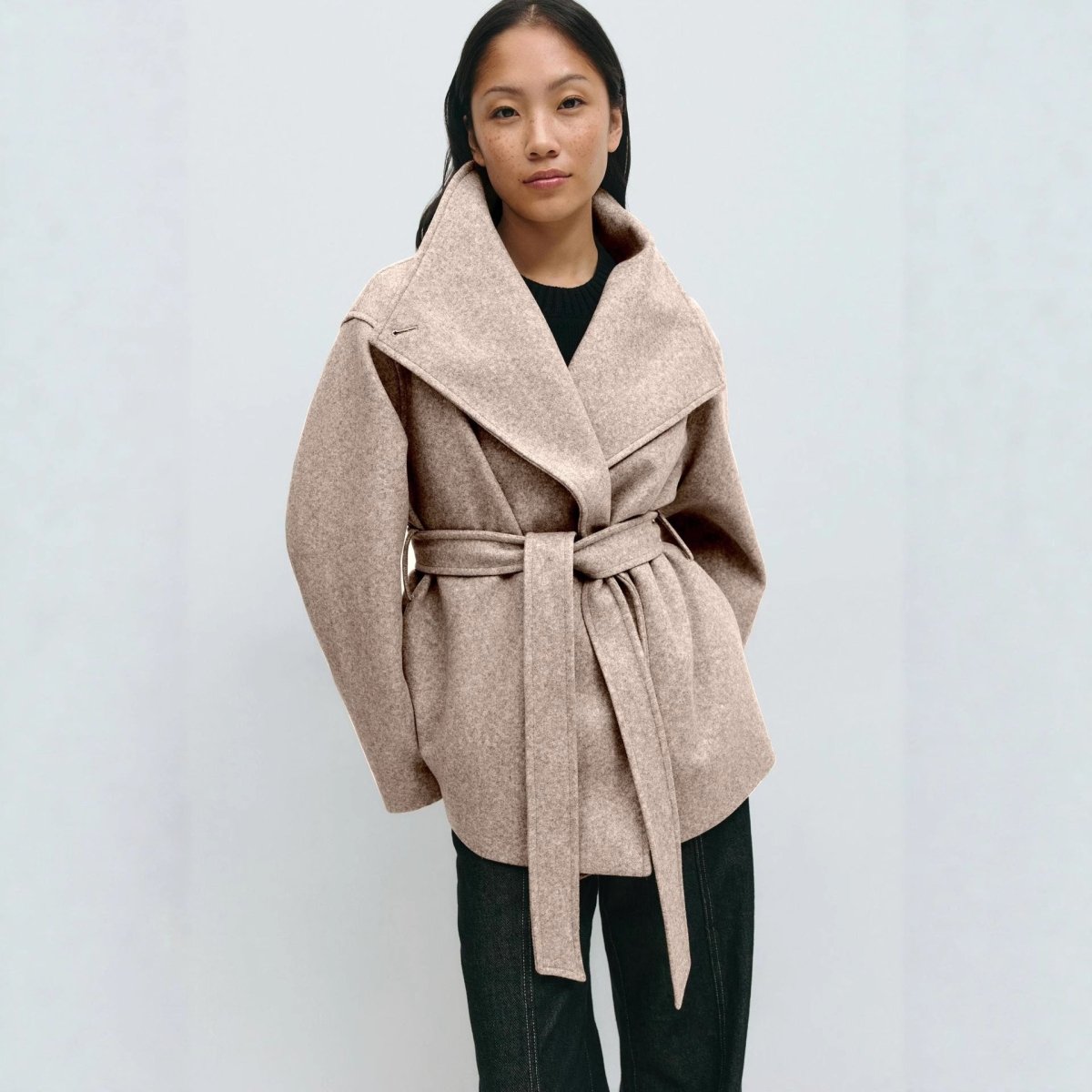 Belted Wrap Coat with Wide Collar | Double-Faced Wool Blend Jacket(MS254)