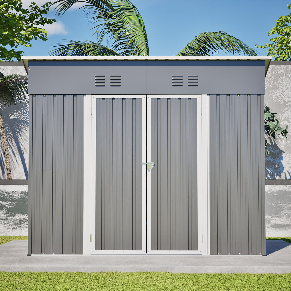 4x8 Slope-Roof Reinforced Storage Shed with Weatherproof Sloping Roof & 4 Air Vents, Heavy-Duty Sturdy Metal Frame, Left/Right Optional Door, Outdoor Tool Shed Warehouse for Garden Storage Pet House
