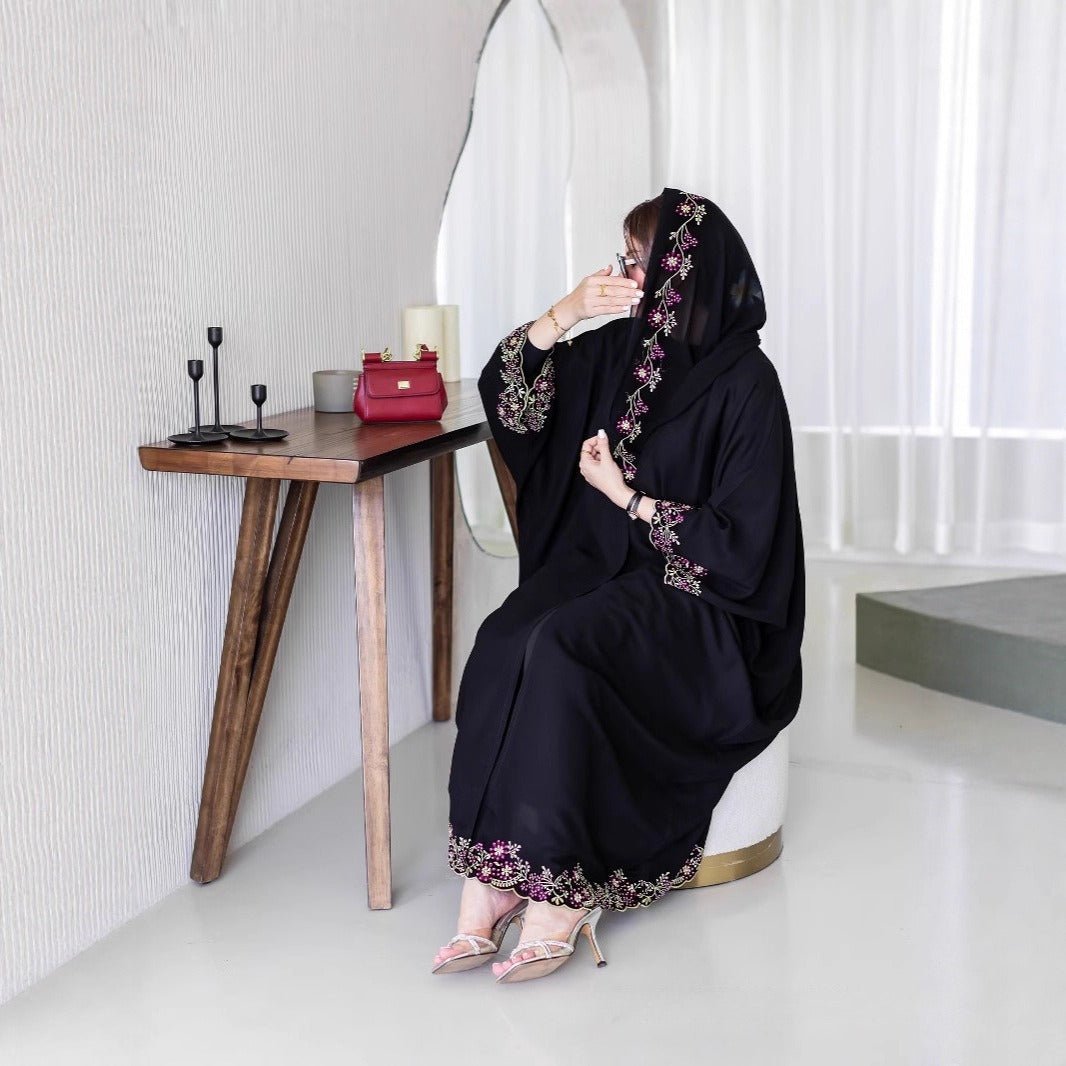 Black Abaya with Embroidered Floral Hijab Set (MOA279)