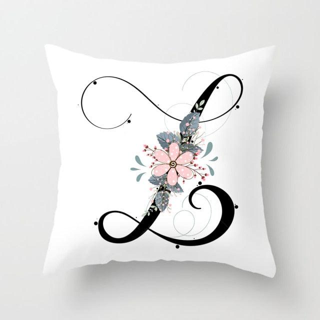 Black Alphabet Flower Print Pillow Cover White Polyester Modern Cushion Cover Decorative Pillowcase For Sofa Bed Chair Car Throw Pillow Covers Decorative Pillow Cases ABC Letter Cushion Covers Square Pillow Protectors Home Decor 45x45cm