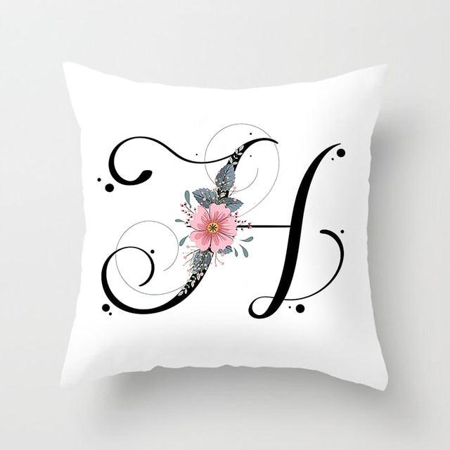 Black Alphabet Flower Print Pillow Cover White Polyester Modern Cushion Cover Decorative Pillowcase For Sofa Bed Chair Car Throw Pillow Covers Decorative Pillow Cases ABC Letter Cushion Covers Square Pillow Protectors Home Decor 45x45cm
