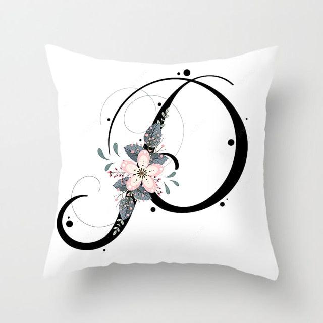 Black Alphabet Flower Print Pillow Cover White Polyester Modern Cushion Cover Decorative Pillowcase For Sofa Bed Chair Car Throw Pillow Covers Decorative Pillow Cases ABC Letter Cushion Covers Square Pillow Protectors Home Decor 45x45cm