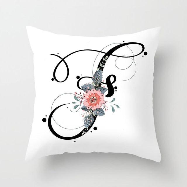 Black Alphabet Flower Print Pillow Cover White Polyester Modern Cushion Cover Decorative Pillowcase For Sofa Bed Chair Car Throw Pillow Covers Decorative Pillow Cases ABC Letter Cushion Covers Square Pillow Protectors Home Decor 45x45cm