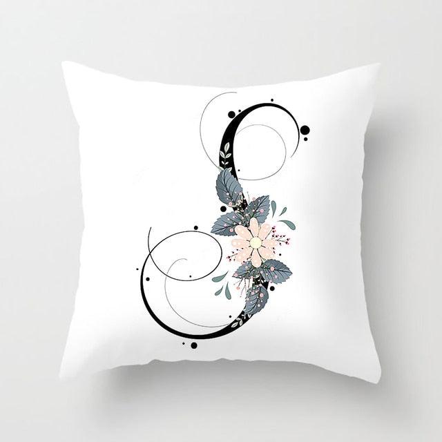 Black Alphabet Flower Print Pillow Cover White Polyester Modern Cushion Cover Decorative Pillowcase For Sofa Bed Chair Car Throw Pillow Covers Decorative Pillow Cases ABC Letter Cushion Covers Square Pillow Protectors Home Decor 45x45cm