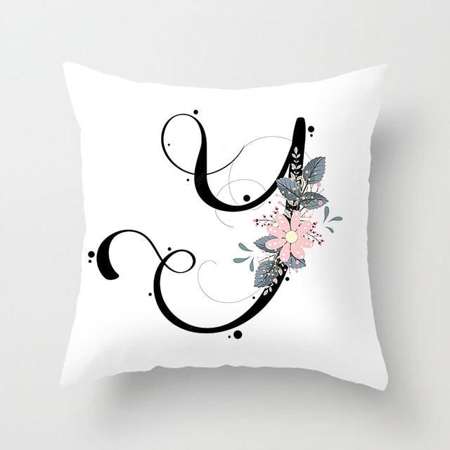 Black Alphabet Flower Print Pillow Cover White Polyester Modern Cushion Cover Decorative Pillowcase For Sofa Bed Chair Car Throw Pillow Covers Decorative Pillow Cases ABC Letter Cushion Covers Square Pillow Protectors Home Decor 45x45cm