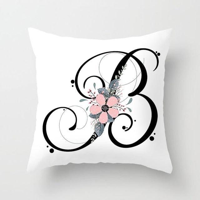 Black Alphabet Flower Print Pillow Cover White Polyester Modern Cushion Cover Decorative Pillowcase For Sofa Bed Chair Car Throw Pillow Covers Decorative Pillow Cases ABC Letter Cushion Covers Square Pillow Protectors Home Decor 45x45cm