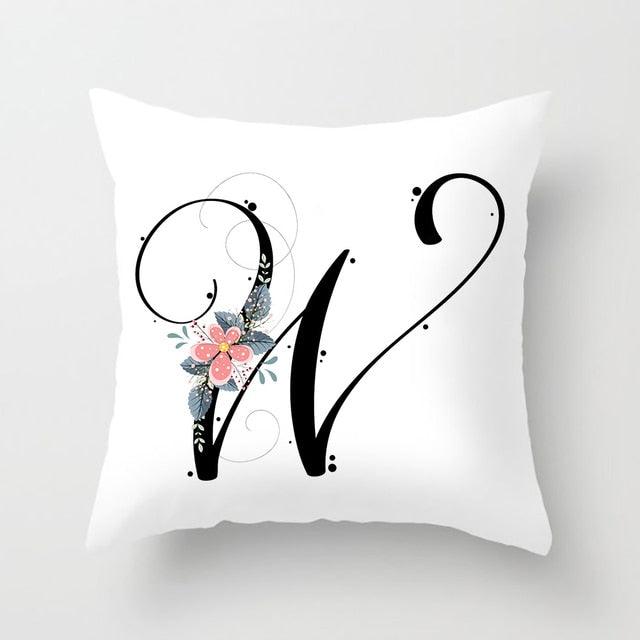Black Alphabet Flower Print Pillow Cover White Polyester Modern Cushion Cover Decorative Pillowcase For Sofa Bed Chair Car Throw Pillow Covers Decorative Pillow Cases ABC Letter Cushion Covers Square Pillow Protectors Home Decor 45x45cm