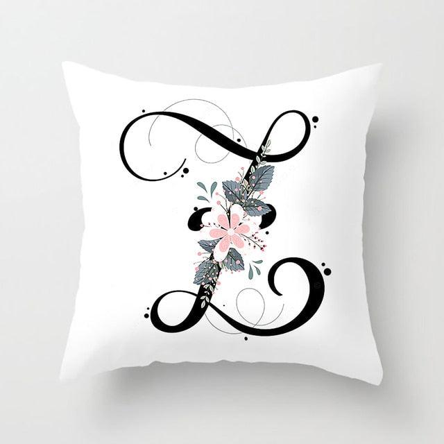 Black Alphabet Flower Print Pillow Cover White Polyester Modern Cushion Cover Decorative Pillowcase For Sofa Bed Chair Car Throw Pillow Covers Decorative Pillow Cases ABC Letter Cushion Covers Square Pillow Protectors Home Decor 45x45cm