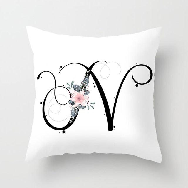 Black Alphabet Flower Print Pillow Cover White Polyester Modern Cushion Cover Decorative Pillowcase For Sofa Bed Chair Car Throw Pillow Covers Decorative Pillow Cases ABC Letter Cushion Covers Square Pillow Protectors Home Decor 45x45cm
