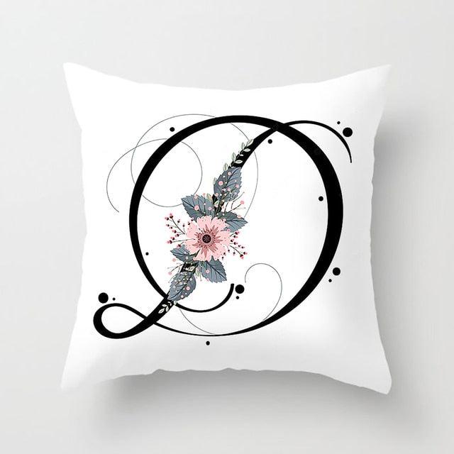 Black Alphabet Flower Print Pillow Cover White Polyester Modern Cushion Cover Decorative Pillowcase For Sofa Bed Chair Car Throw Pillow Covers Decorative Pillow Cases ABC Letter Cushion Covers Square Pillow Protectors Home Decor 45x45cm