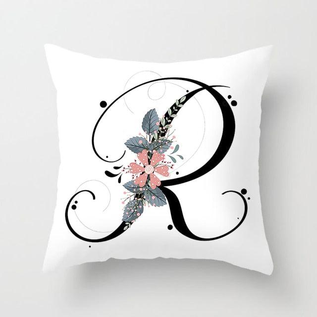 Black Alphabet Flower Print Pillow Cover White Polyester Modern Cushion Cover Decorative Pillowcase For Sofa Bed Chair Car Throw Pillow Covers Decorative Pillow Cases ABC Letter Cushion Covers Square Pillow Protectors Home Decor 45x45cm