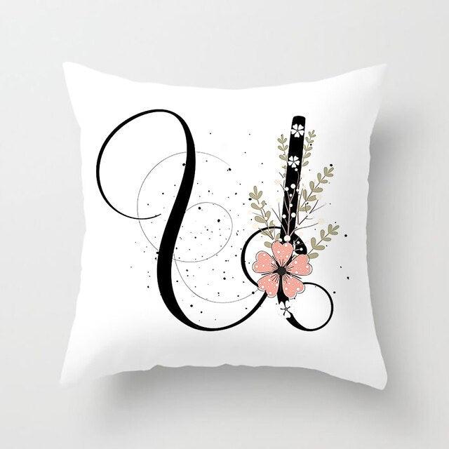 Black Alphabet Flower Print Pillow Cover White Polyester Modern Cushion Cover Decorative Pillowcase For Sofa Bed Chair Car Throw Pillow Covers Decorative Pillow Cases ABC Letter Cushion Covers Square Pillow Protectors Home Decor 45x45cm