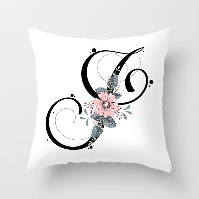 Black Alphabet Flower Print Pillow Cover White Polyester Modern Cushion Cover Decorative Pillowcase For Sofa Bed Chair Car Throw Pillow Covers Decorative Pillow Cases ABC Letter Cushion Covers Square Pillow Protectors Home Decor 45x45cm